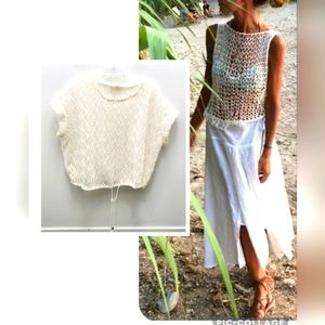 Knit Crochet Top Drawstring Hem - EUC! Boho Swim Mesh Size M